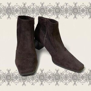 Brown suede ankle boots with square toe, block heel, and zipper closure